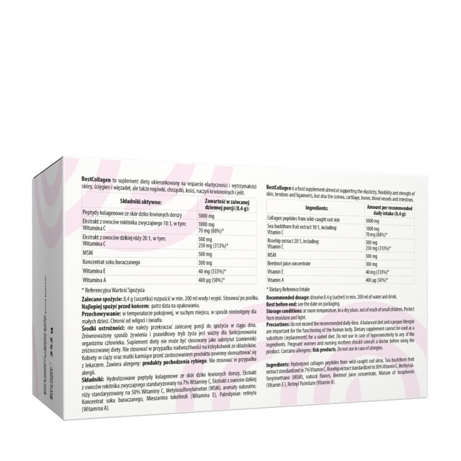 Retro della scatola bianca. Testo in tedesco e inglese. Contiene informazioni sugli ingredienti e il dosaggio raccomandato.