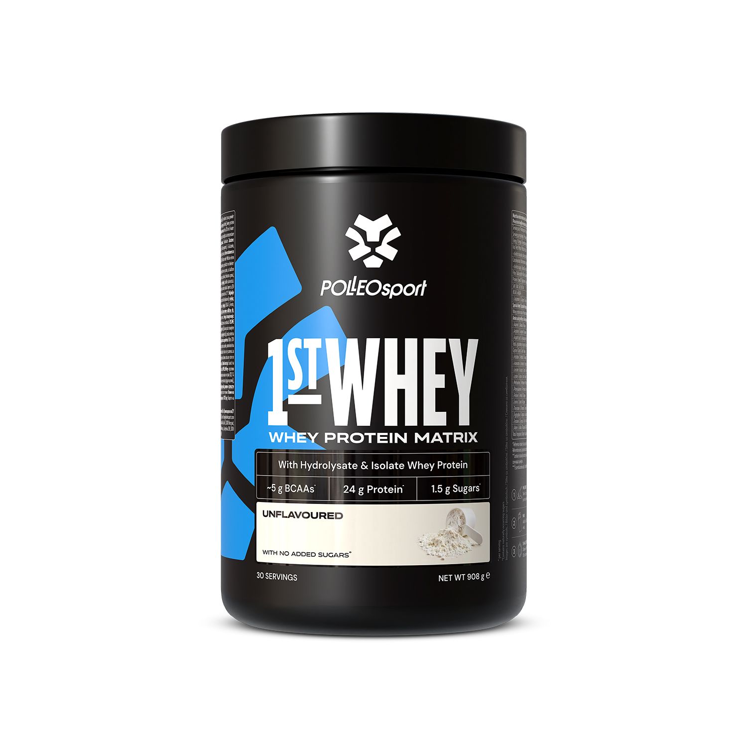 Barattolo nero con accento blu. Scritta: 1ST:WHEY, Whey Protein Matrix. Contiene 5g BCAA, 24g proteine, 1.5g zuccheri. Marca: PolleoSport.