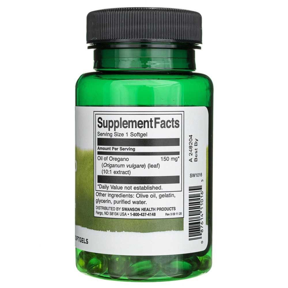 Retro del flacone di olio di origano Swanson con informazioni nutrizionali e ingredienti.