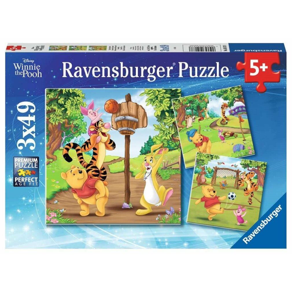 Puzzle Winnie the Pooh, 3x49 pezzi. Confezione Ravensburger, età 5+. Immagini di sport con i personaggi.