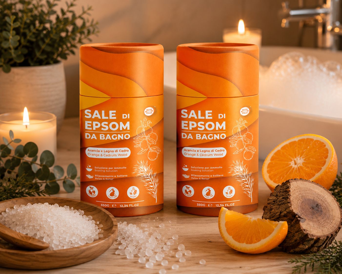 Due contenitori di sale da bagno all'arancia e cisto. Contiene sali di Epsom.