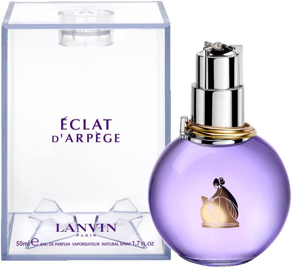 Flacone di profumo rotondo e viola con spruzzatore argentato e dettagli dorati. Scatola con nome del prodotto.