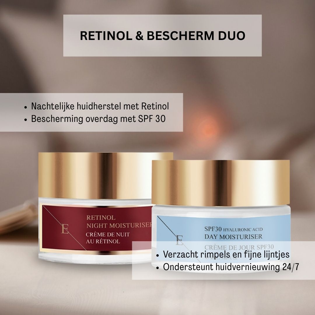 Due barattoli di crema, crema notte al retinolo e crema giorno SPF 30. Testo: Duo Retinolo & Protezione. Riparazione notturna, protezione diurna.