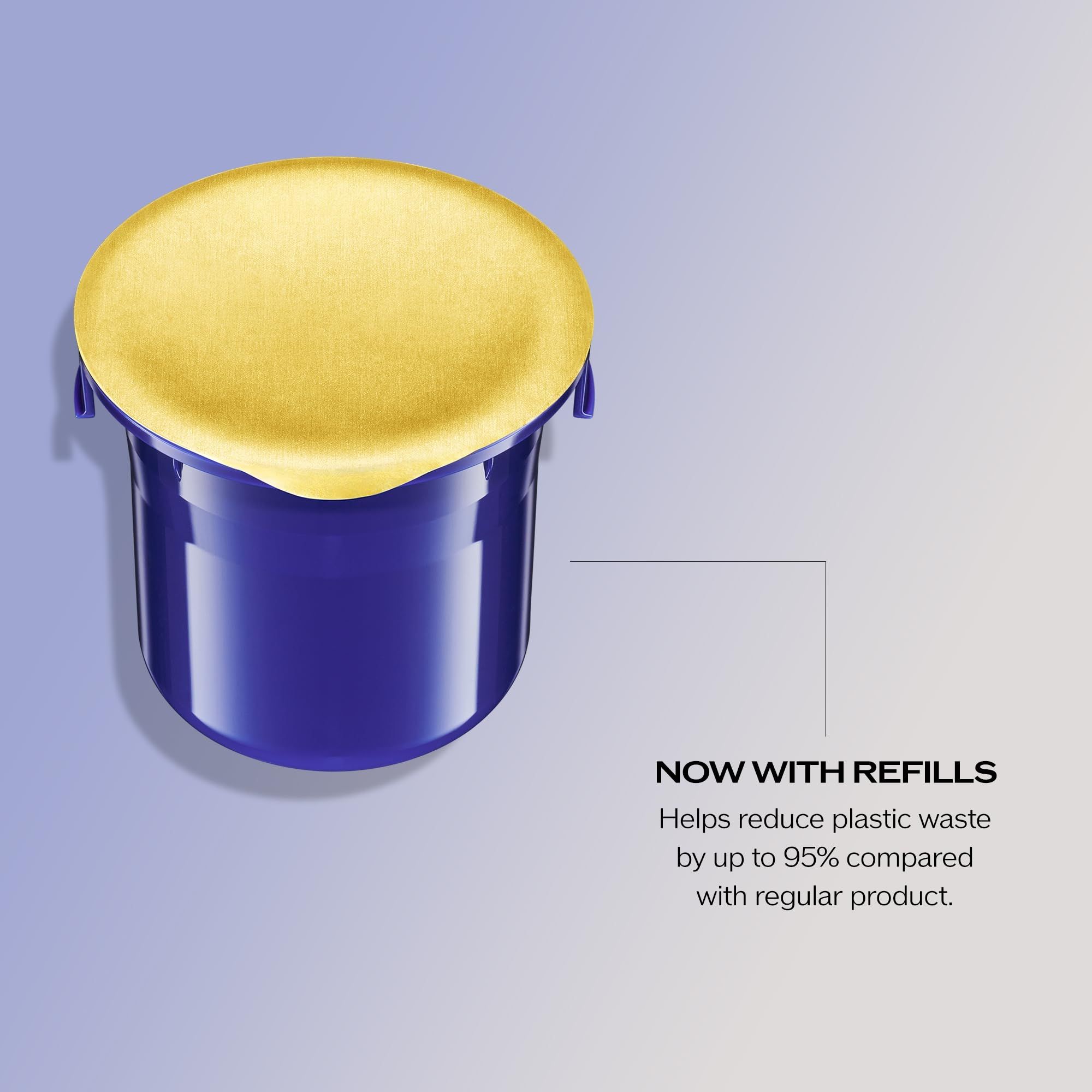 Contenitore blu con coperchio dorato. Testo: Ora con ricariche. Riduce i rifiuti di plastica fino al 95%.