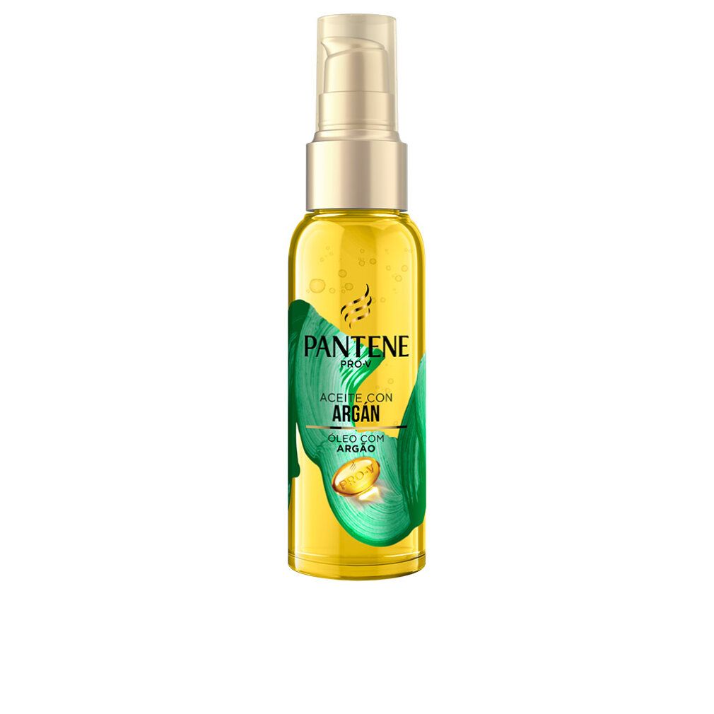 Flacone giallo con erogatore dorato. Scritta PANTENE, olio di argan. Illustrazione di foglie verdi.