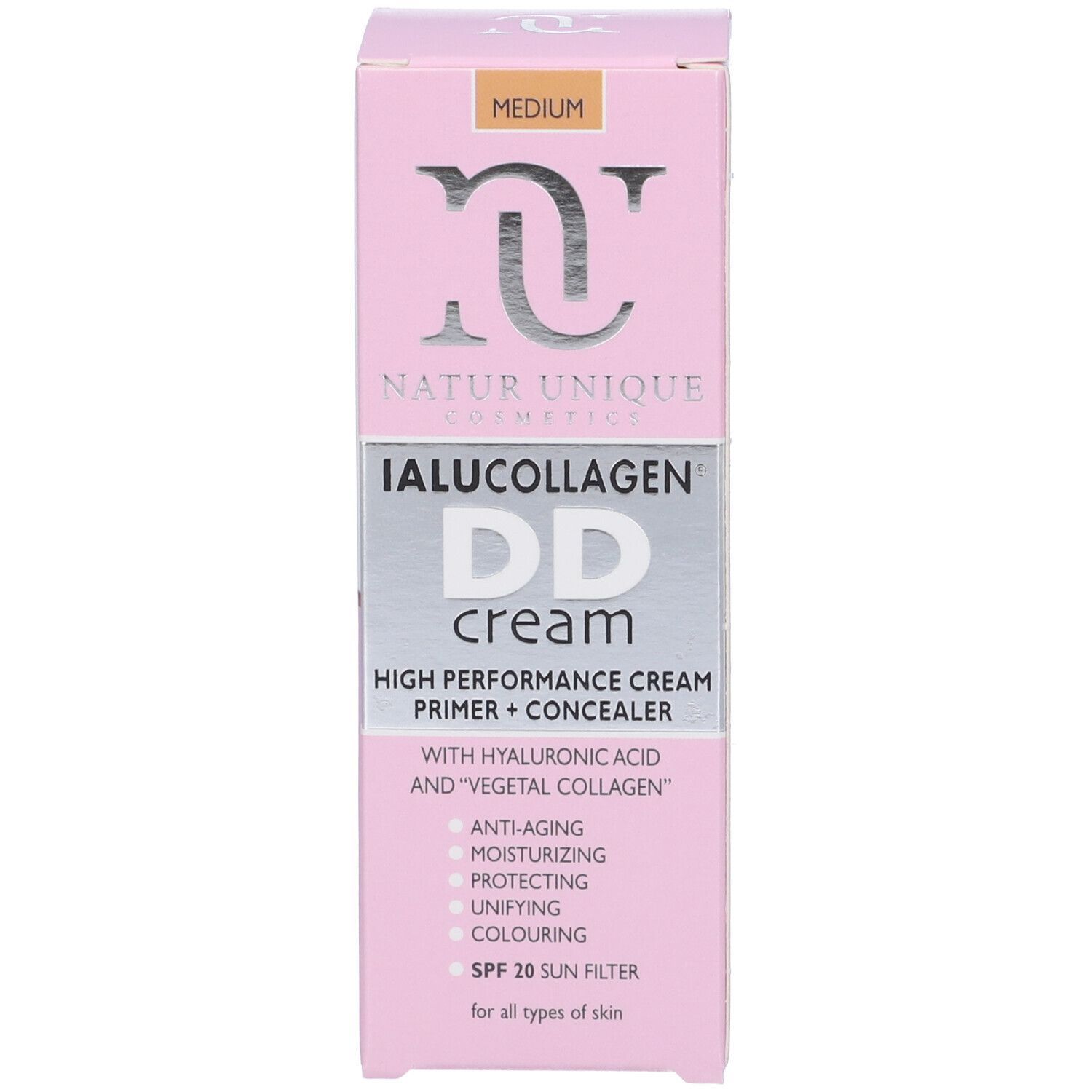 Scatola rosa. Testo: Natur Unique Cosmetics, IALUCOLLAGEN DD cream, Medium. Contiene acido ialuronico e collagene, SPF 20.