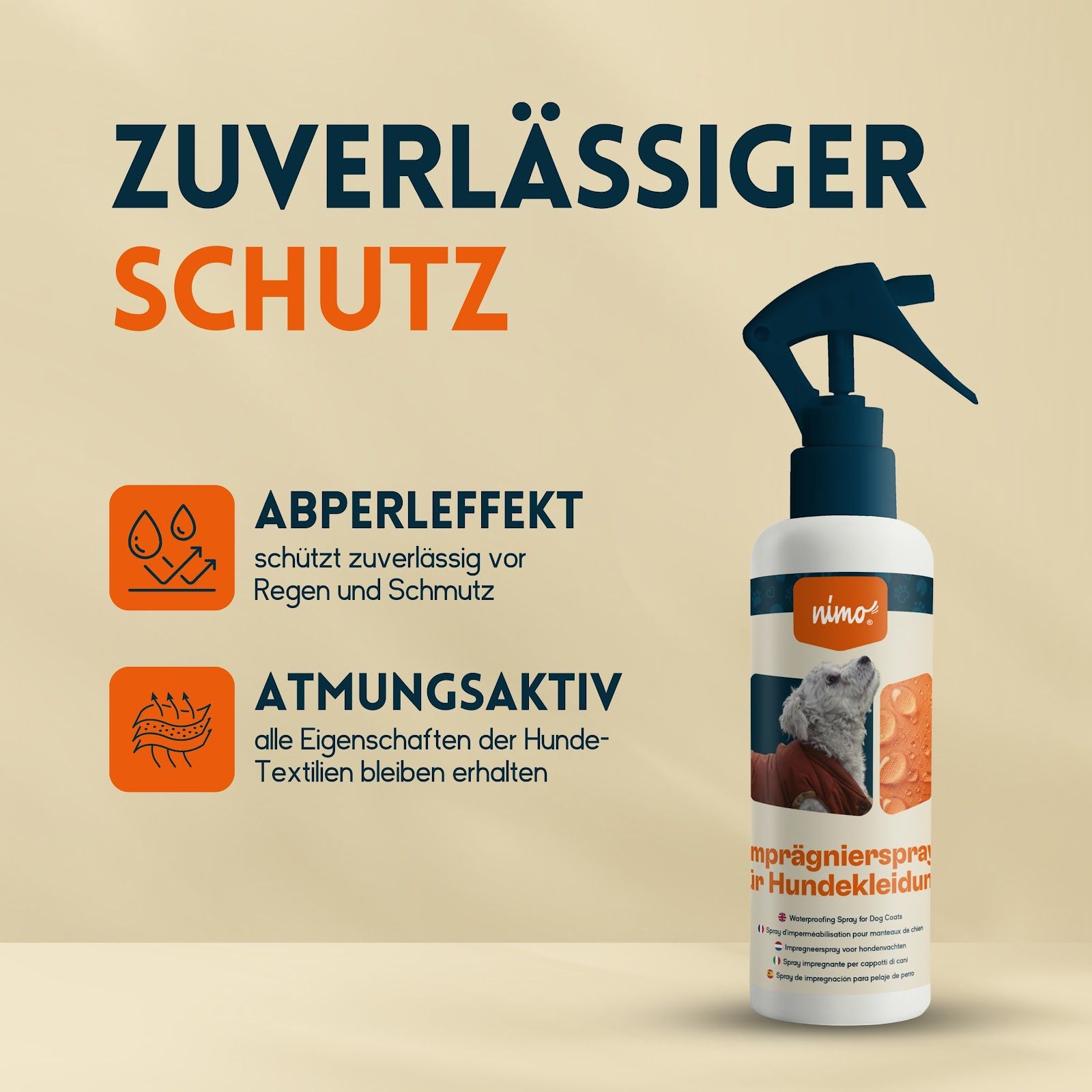Flacone spray con testo: nimo Imprägnierspray für Hundebekleidung. Testo: Protezione affidabile, effetto perla, traspirante.