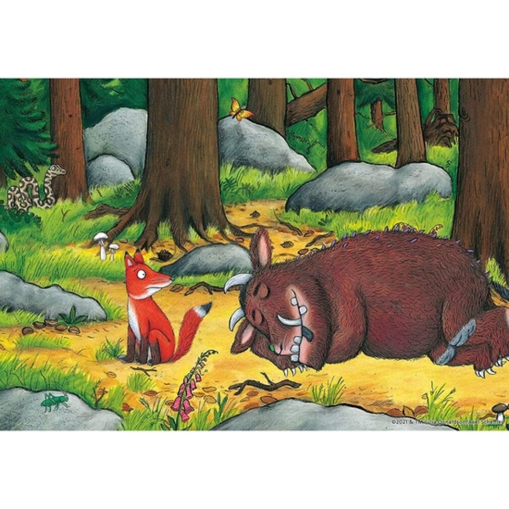 Illustrazione: scena della foresta con volpe e Gruffalo sdraiato. Alberi, rocce e farfalla.
