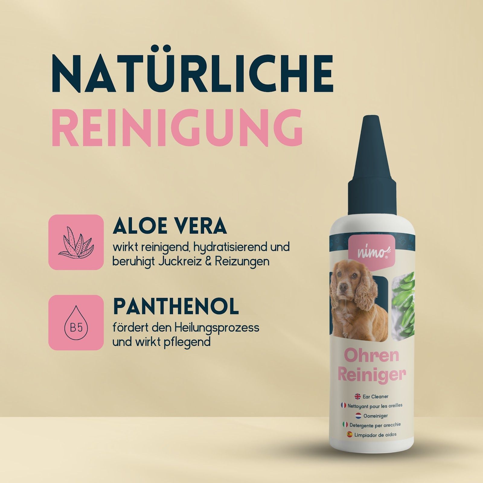 Flacone con etichetta, testo: Natürliche Reinigung, Aloe Vera, Panthenol. Immagine: Cane.