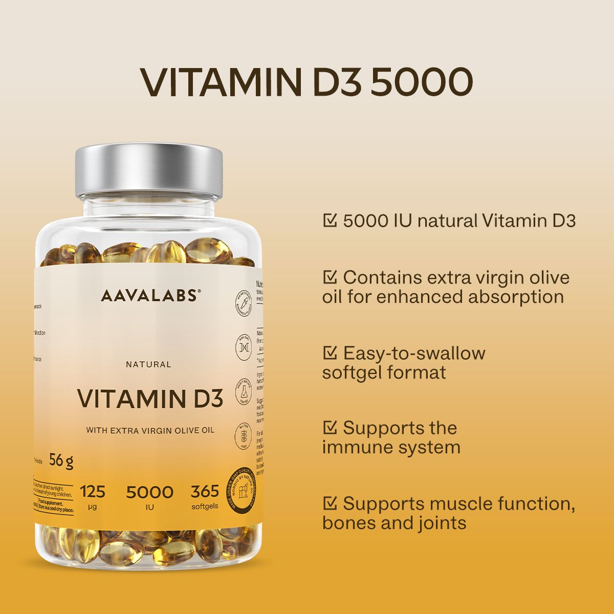 Flacone di capsule di vitamina D3. Testo: Vitamin D3 5000, 5000 UI, con olio d'oliva, facile da deglutire.