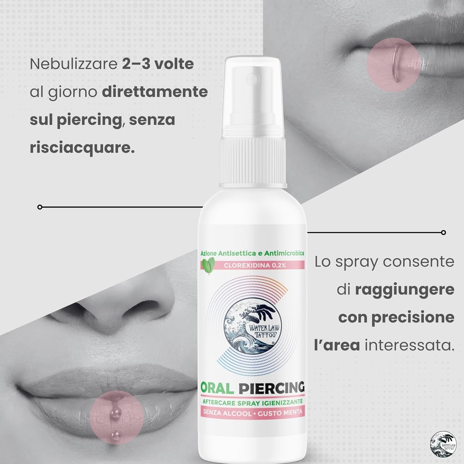Flacone spray bianco "Oral Piercing" accanto a un viso con piercing. Istruzioni per l'uso.