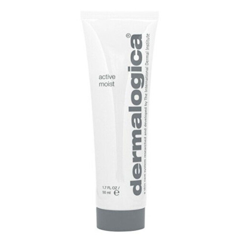 Tubo bianco con tappo nero. Scritta "active moist" e "dermalogica". 1.7 US FL OZ / 50 ml.