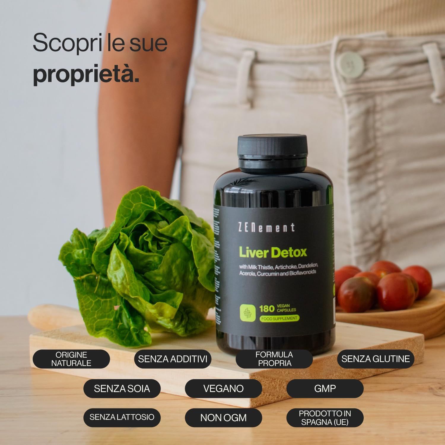 Flacone Zenement Liver Detox accanto a verdure. Testo: Origine Naturale, Senza Additivi, Vegano, Senza Soia, Senza Lattosio, Non OGM, Prodotto in Spagna.