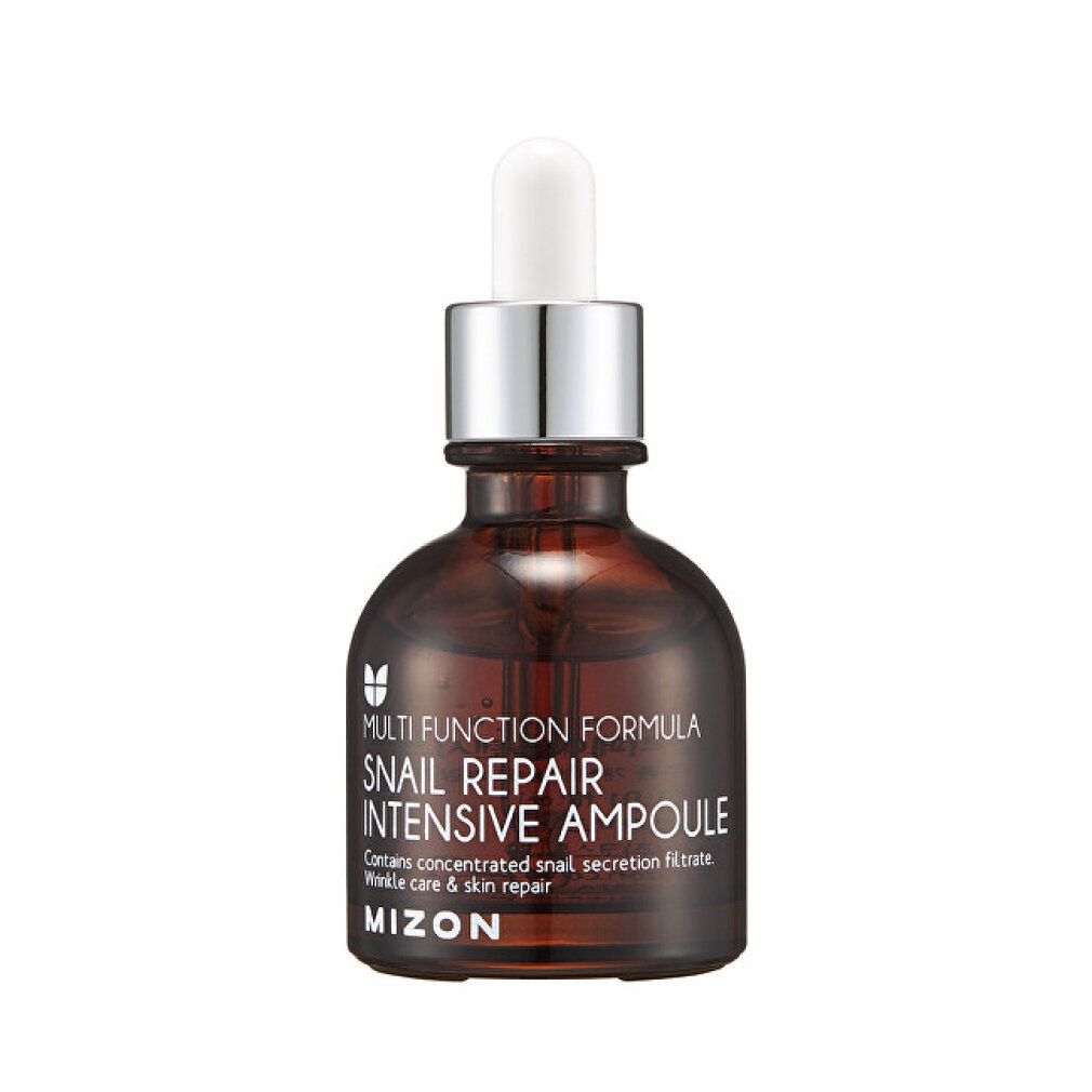Flacone di vetro marrone con contagocce. Scritta: Snail Repair Intensive Ampoule. Marchio: MIZON.