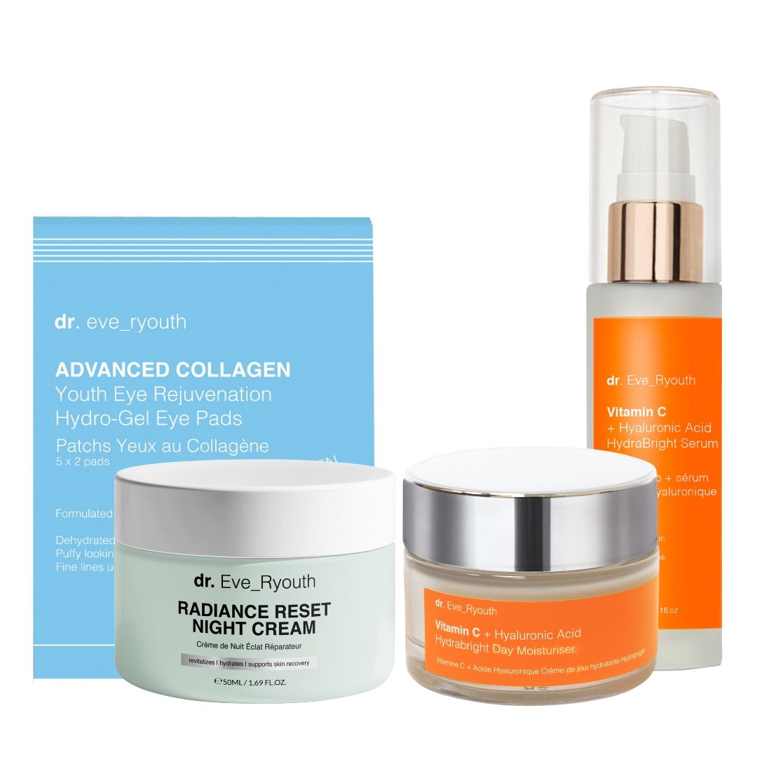 Set Dr. Eve_Ryouth. Crema notte, siero e patch occhi. Confezioni blu, verdi e arancioni. Prodotti con testo.