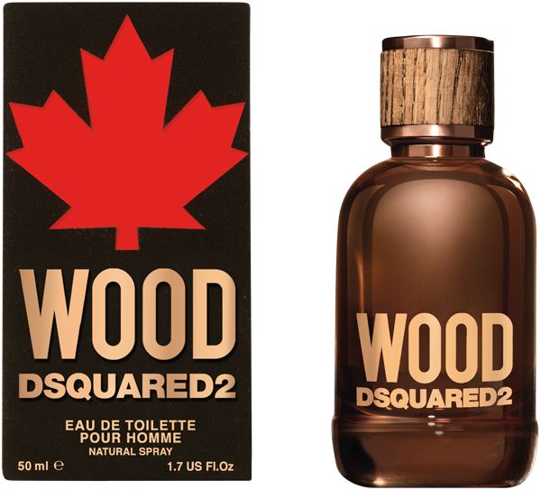 Flacone e confezione marroni. Scritta WOOD DSQUARED2. Foglia d'acero rossa. Eau de toilette per uomo.