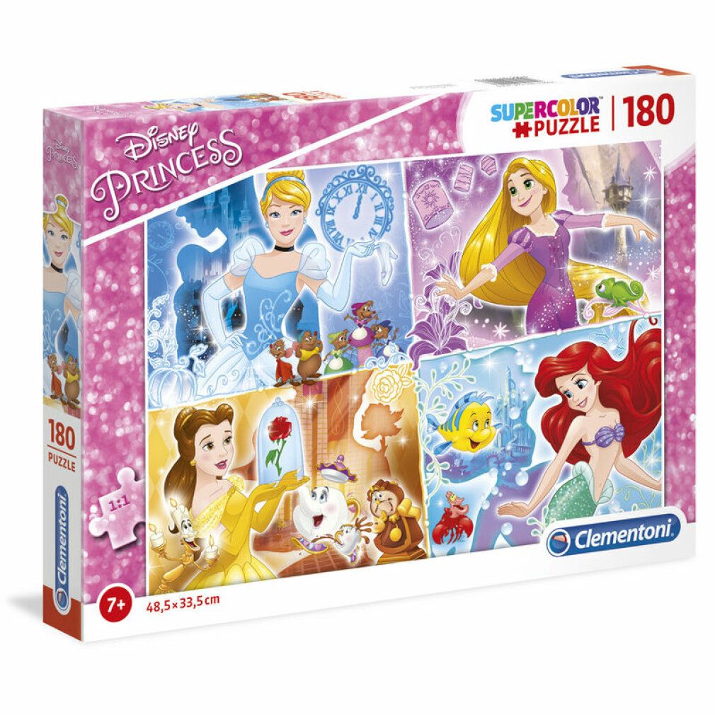 Puzzle Clementoni, 180 pezzi, Disney Princess. La confezione mostra quattro motivi del puzzle. Età consigliata 7+. Dimensioni 48,5x33,5 cm.