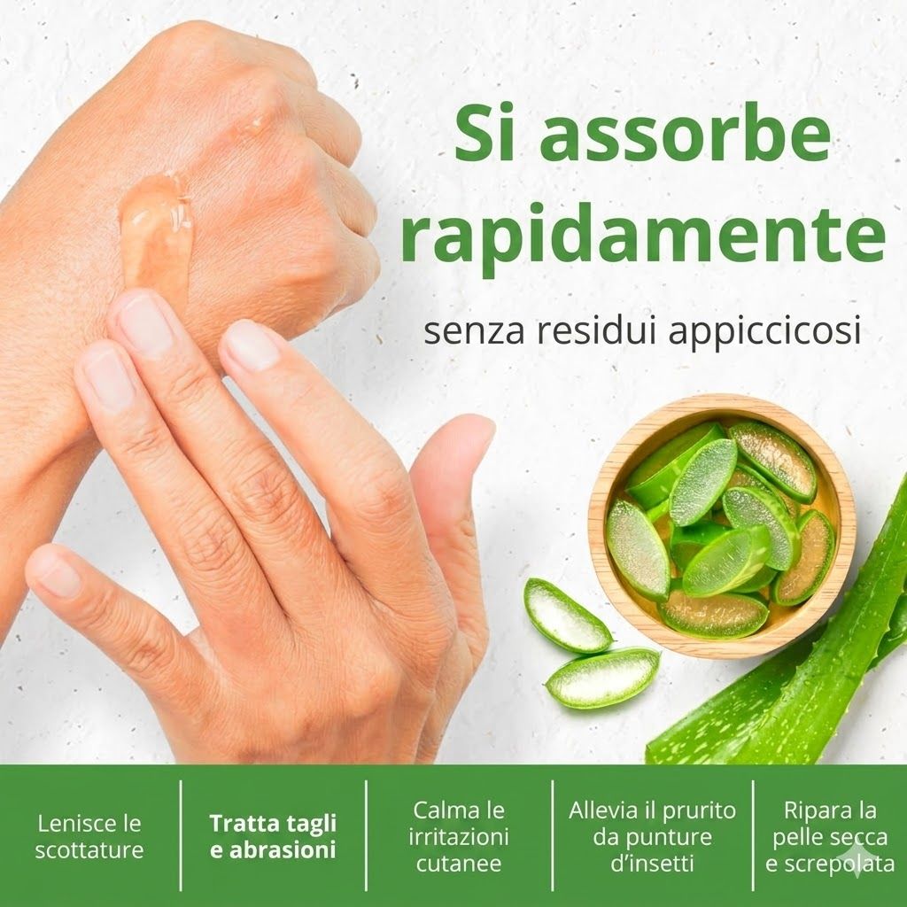 Mano con gel applicato. Foglie di aloe vera e ciotola. Testo: Si assorbe rapidamente, senza residui appiccicosi. Lenisce le scottature.