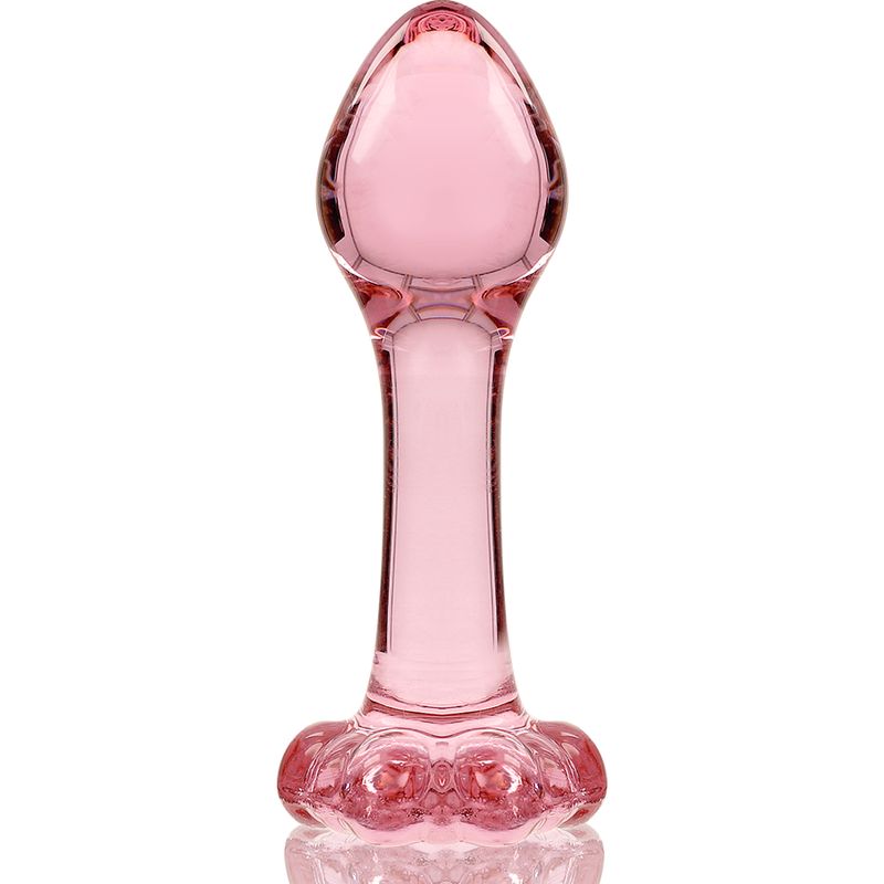 Plug anale in vetro rosa con punta a goccia e base decorata.