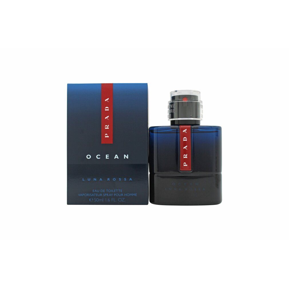 Flacone e confezione Prada Luna Rossa Ocean. Flacone con striscia rossa e tappo nero.