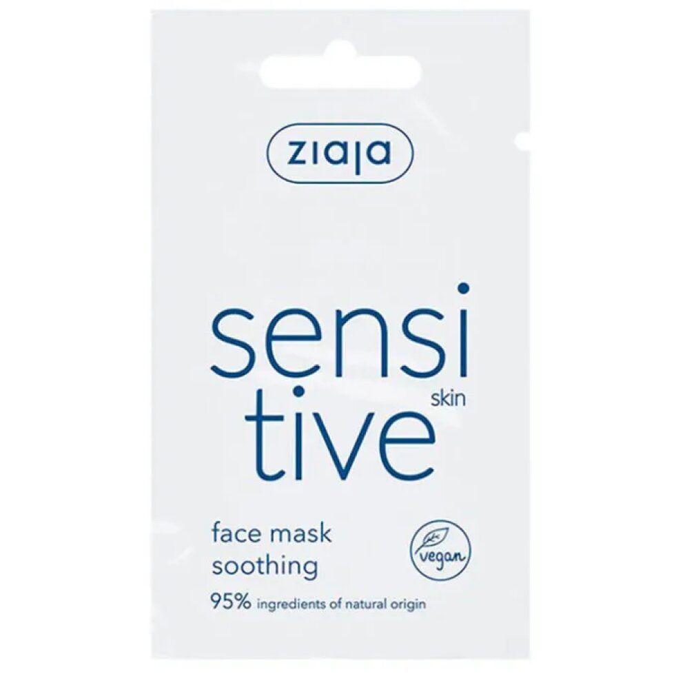 Maschera viso Ziaja Sensitive. Confezione bianca con testo blu: sensitive, face mask, soothing. Sigillo vegano. 95% ingredienti naturali.