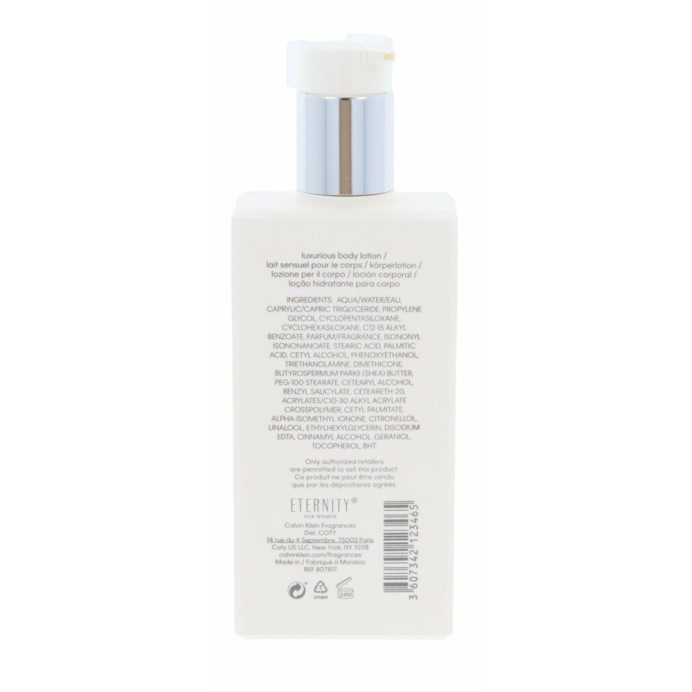 Retro del flacone di crema. Scritta: Eternity, ingredienti, informazioni produttore.