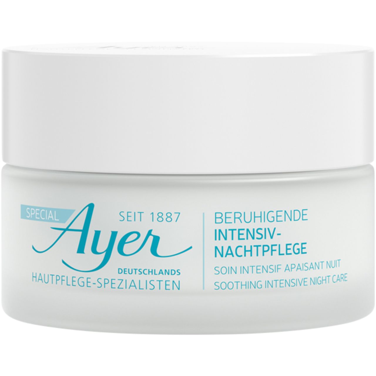 Vasetto di crema con coperchio bianco. Scritta 'Ayer' e 'Beruhigende Intensiv-Nachtpflege'.