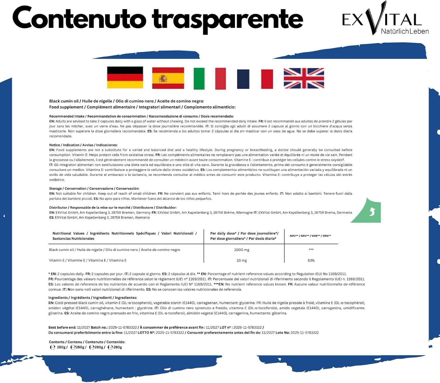 Informazioni tabellari sugli integratori alimentari. Testo: Olio di cumino nero, vitamina E. Dosaggio raccomandato, ingredienti, valori nutrizionali.
