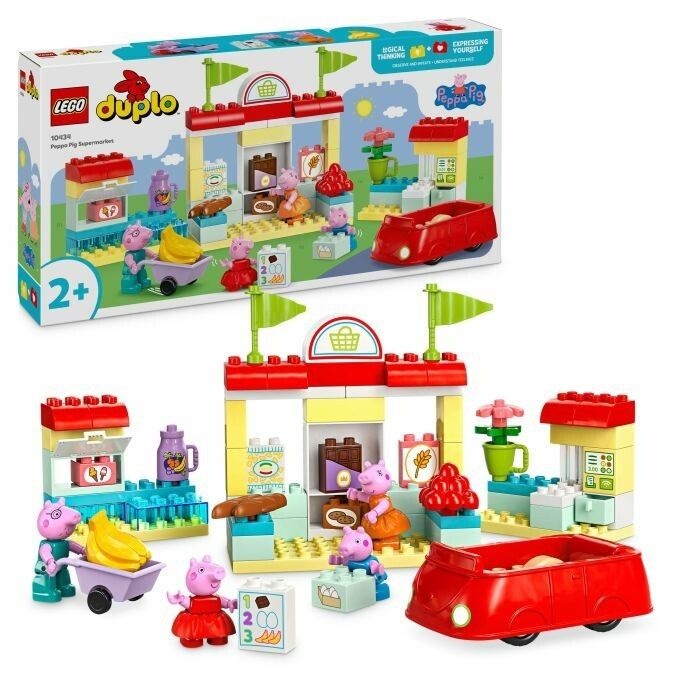 LEGO Duplo Supermercato di Peppa Pig. Set con personaggi, auto rossa, bancarella e accessori. Confezione con logo e indicazione età.