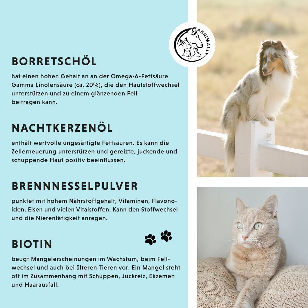 Testo su sfondo blu. Ingredienti: Olio di borragine, olio di enotera, polvere di ortica, biotina. Immagine di cane e gatto.