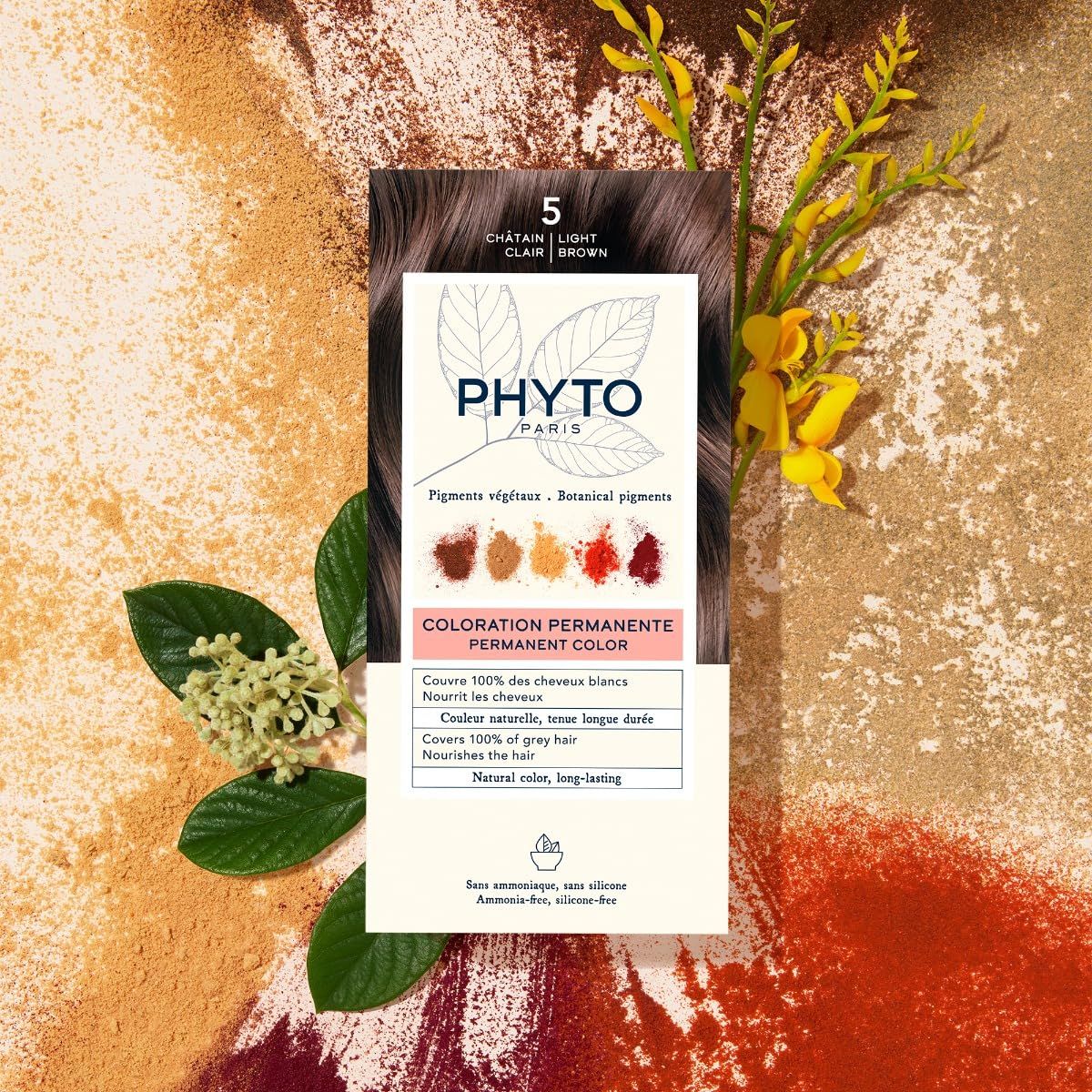 Confezione "PHYTO PARIS" per colorazione permanente. Tonalità 5, castano chiaro. Pigmenti vegetali. Decorata con fiori e foglie.