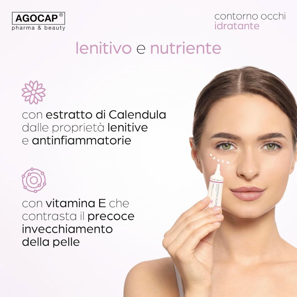 Donna con prodotto. Prodotto: Contorno occhi. Marchio: Agocap. Testo: lenitivo e nutriente.