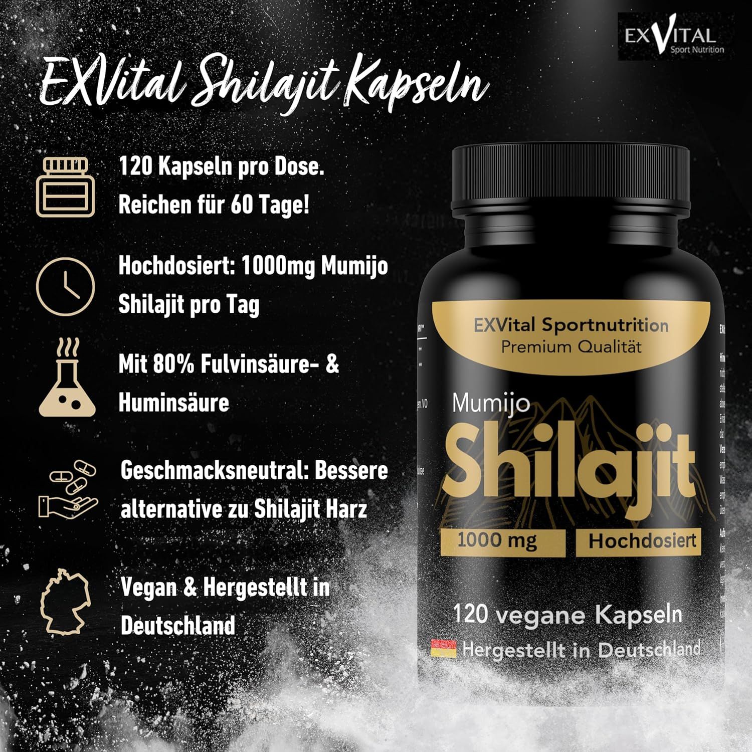 Flacone nero EXVital Shilajit. 120 capsule, 1000mg Mumijo, prodotto in Germania. Testo in tedesco.