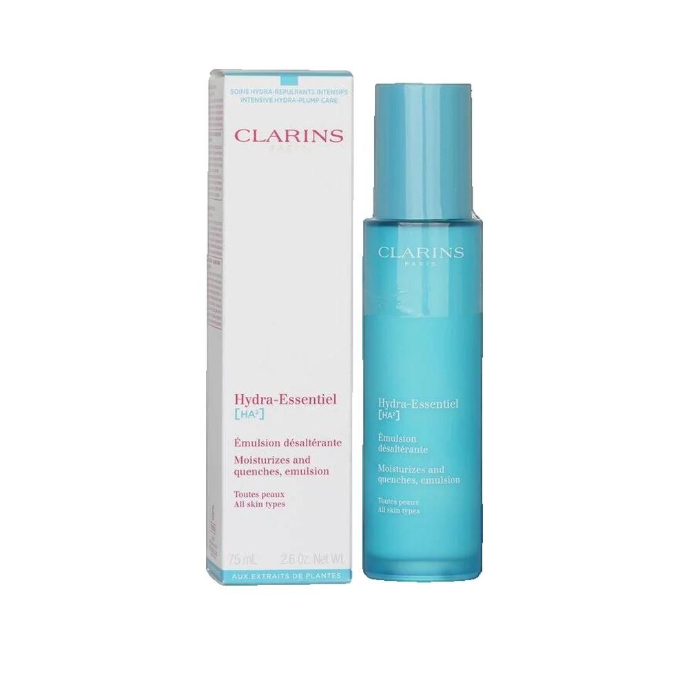 Prodotto con confezione. Scatola bianca e flacone turchese. Scritta: Clarins, Hydra-essentiel. Per tutti i tipi di pelle.