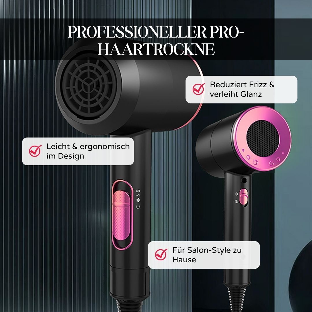 Due asciugacapelli. Testo: Professioneller Pro-Haartrockner. Caratteristiche: riduce l'effetto crespo, design leggero, stile salone a casa.