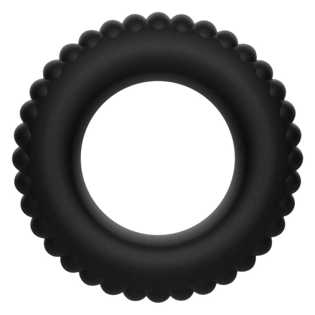 Anello per il pene nero in silicone con superficie a piccole sfere. Forma rotonda con un foro al centro.