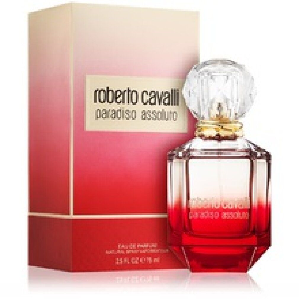 Flacone di profumo e confezione. Flacone ottagonale, rosso. Confezione rosso-oro. Scritta: Roberto Cavalli Paradiso Assoluto.