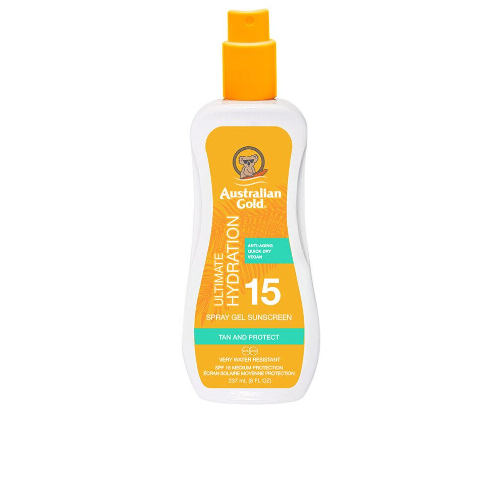 Spray gel solare, flacone bianco con tappo giallo. Testo: SPF 15, Ultimate Hydration, Australian Gold.