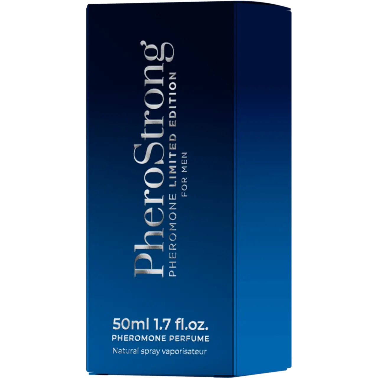 Confezione del prodotto blu. Scritta: PheroStrong, Limited Edition, For Men. Sotto: 50ml, 1.7 fl.oz. Pheromone Perfume.