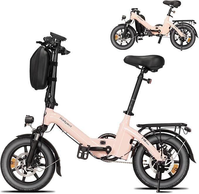 Bicicletta elettrica pieghevole rosa, pneumatici e sella neri. Portapacchi. Scritta T16 Pro. Seconda immagine più piccola in alto a destra.