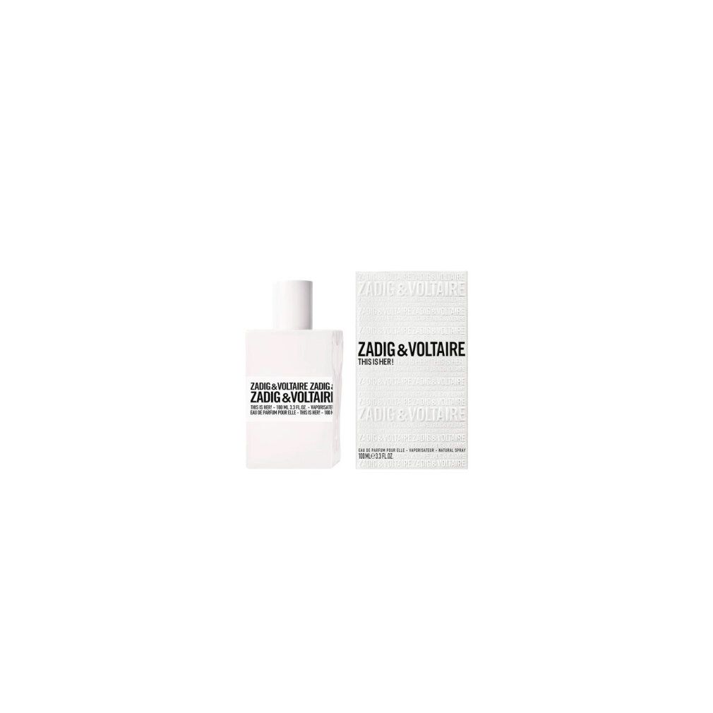 Flacone e confezione bianchi con testo nero. Scritta: ZADIG & VOLTAIRE THIS IS HER! Eau de Parfum.