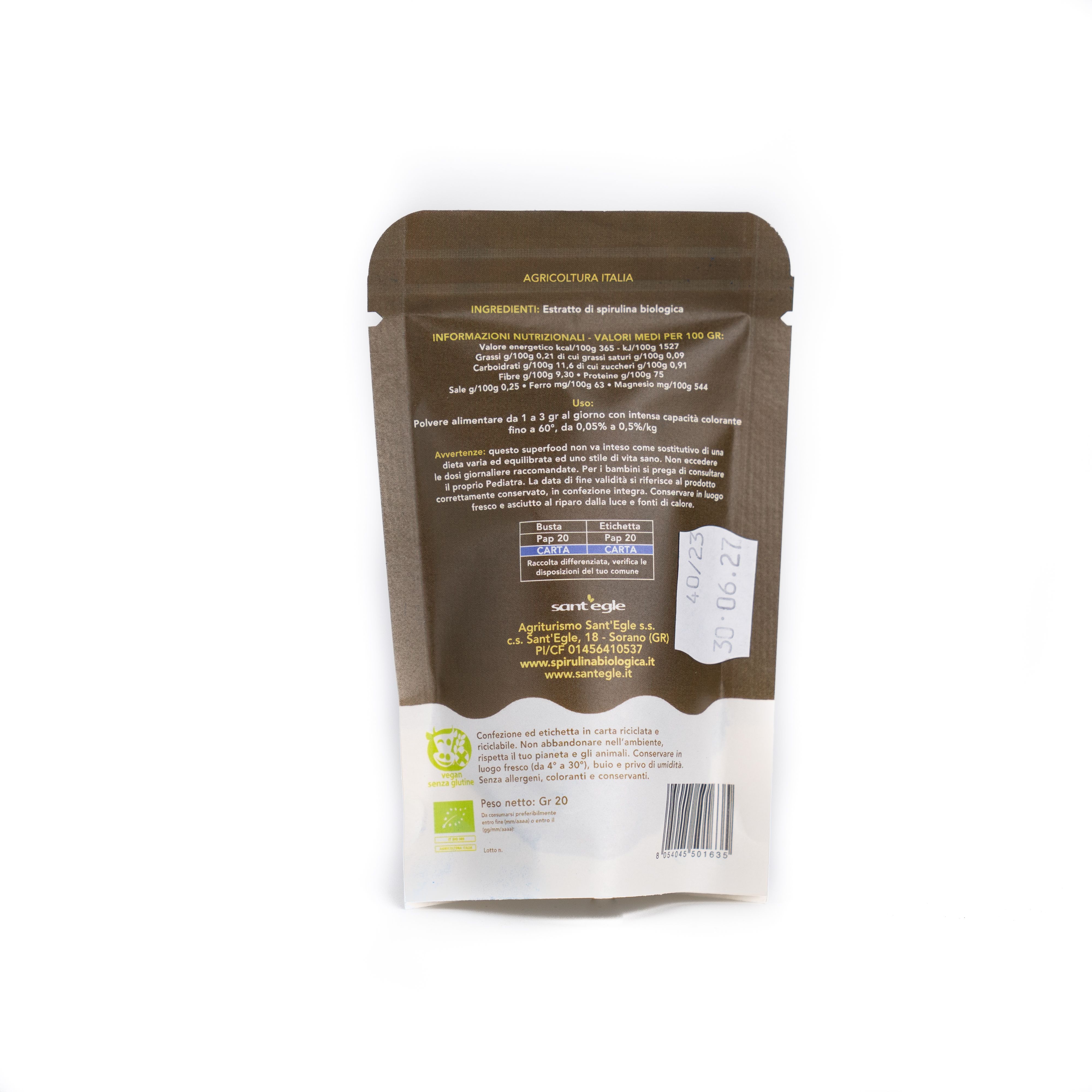 Busta marrone con testo ed etichetta. Scritta: Sant'Egle, Ficocianina Biologica pura. Certificazione biologica.