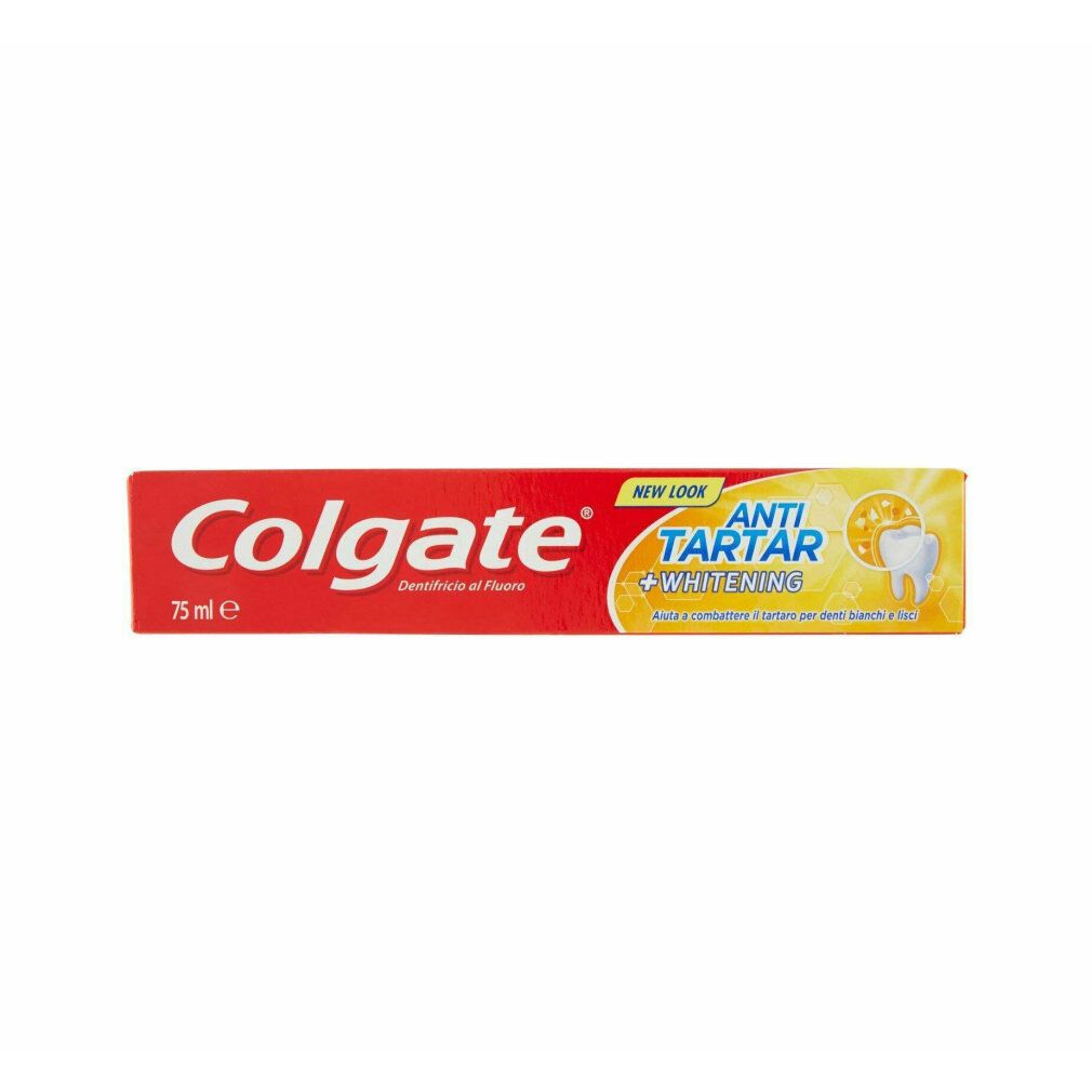 Tubo di dentifricio rosso Colgate, testo: Anti-Tartar + Whitening. 75 ml.
