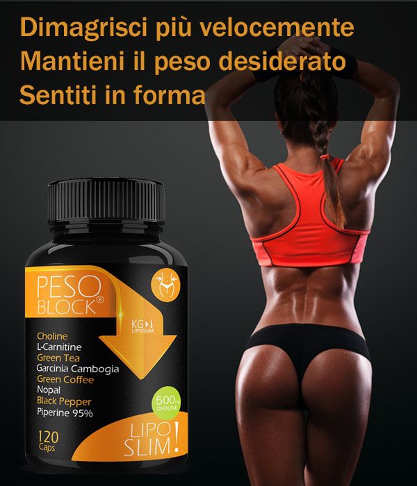 Flacone di capsule e donna. Scritte: PESO BLOCK, LIPO SLIM. Contiene colina, L-carnitina, tè verde, Garcinia Cambogia, caffè verde, nopal, pepe nero.
