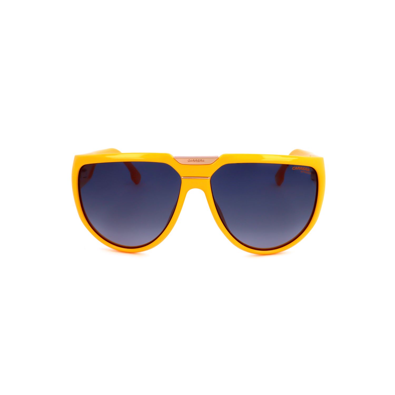 Occhiali da sole unisex gialli, vista frontale con lenti scure e montatura larga.