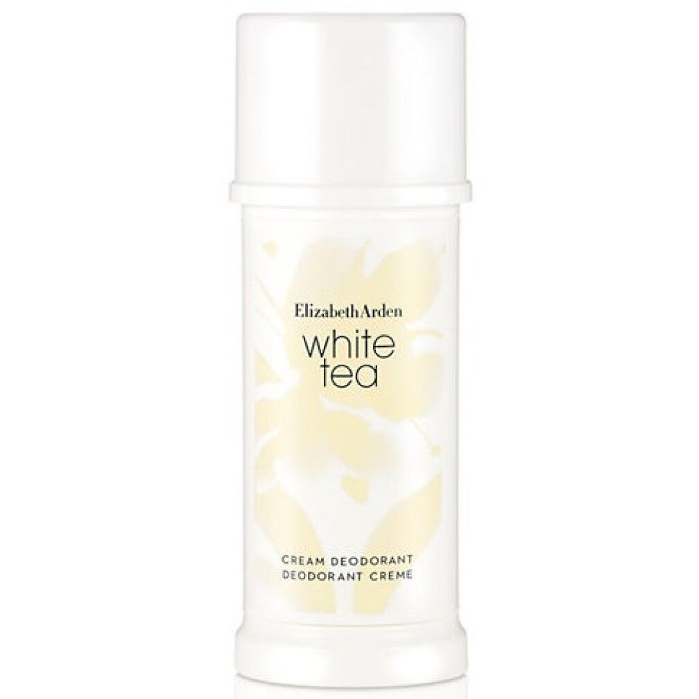 Stick crema deodorante bianco Elizabeth Arden. Tappo bianco, confezione bianca con motivo floreale e testo.