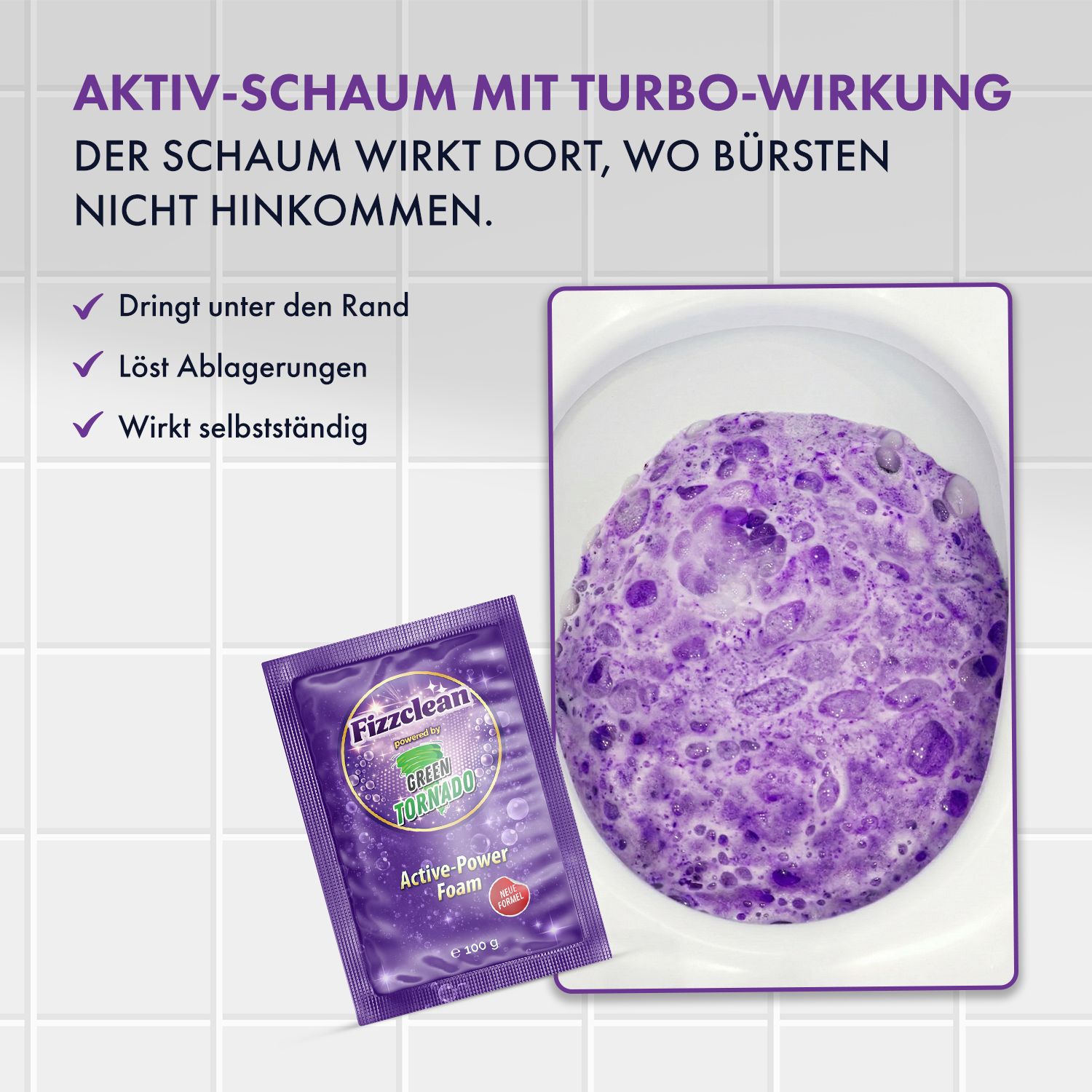 Pulitore schiumoso viola in un water, accanto a una singola bustina Fizzclean.