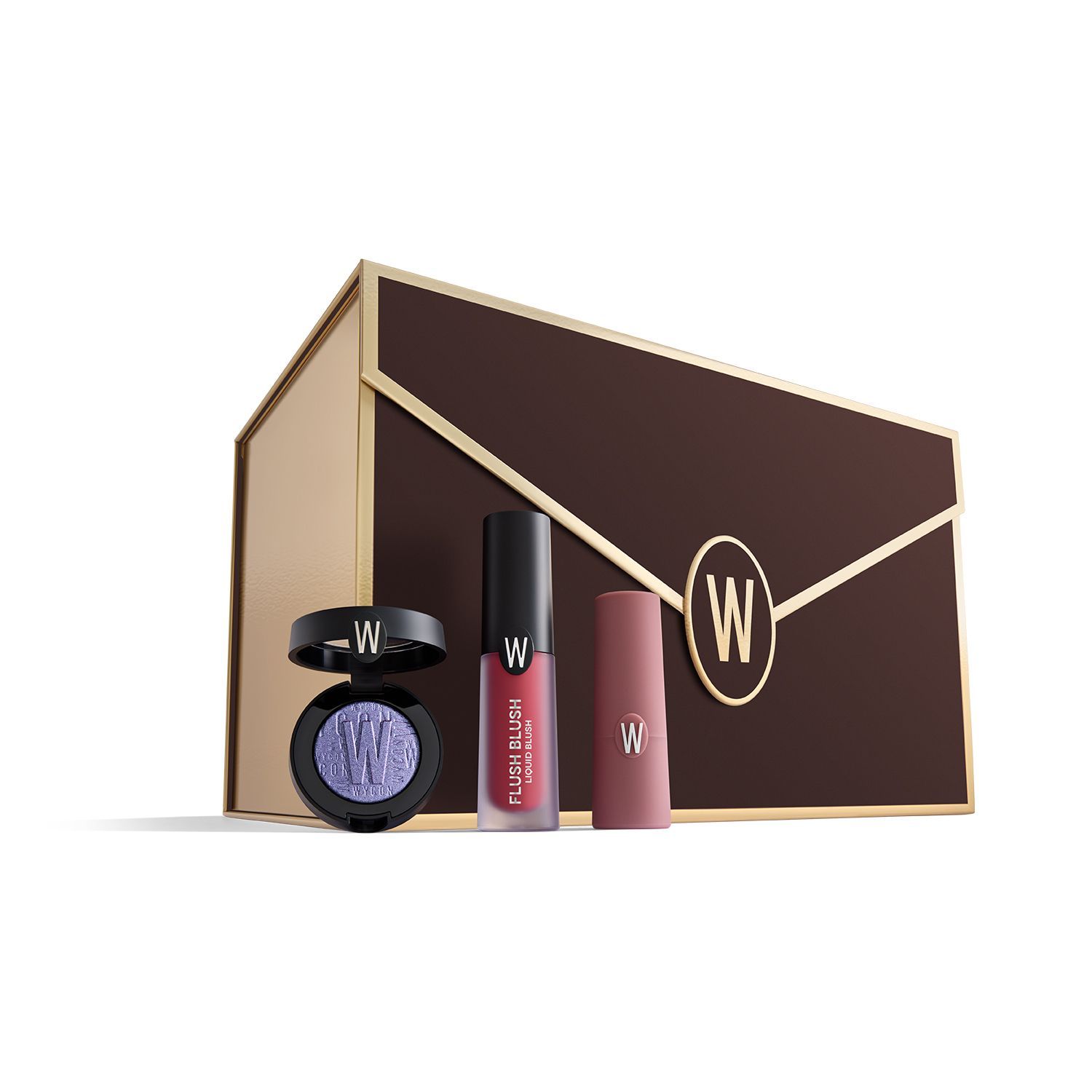 Set cosmetico con ombretto, fard e rossetto. Confezione marrone con dettagli dorati. Marchio "W".