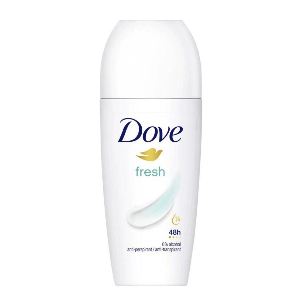 Deodorante roll-on bianco Dove Fresh. Logo Dove e scritta "fresh". 0% alcool, protezione 48h.
