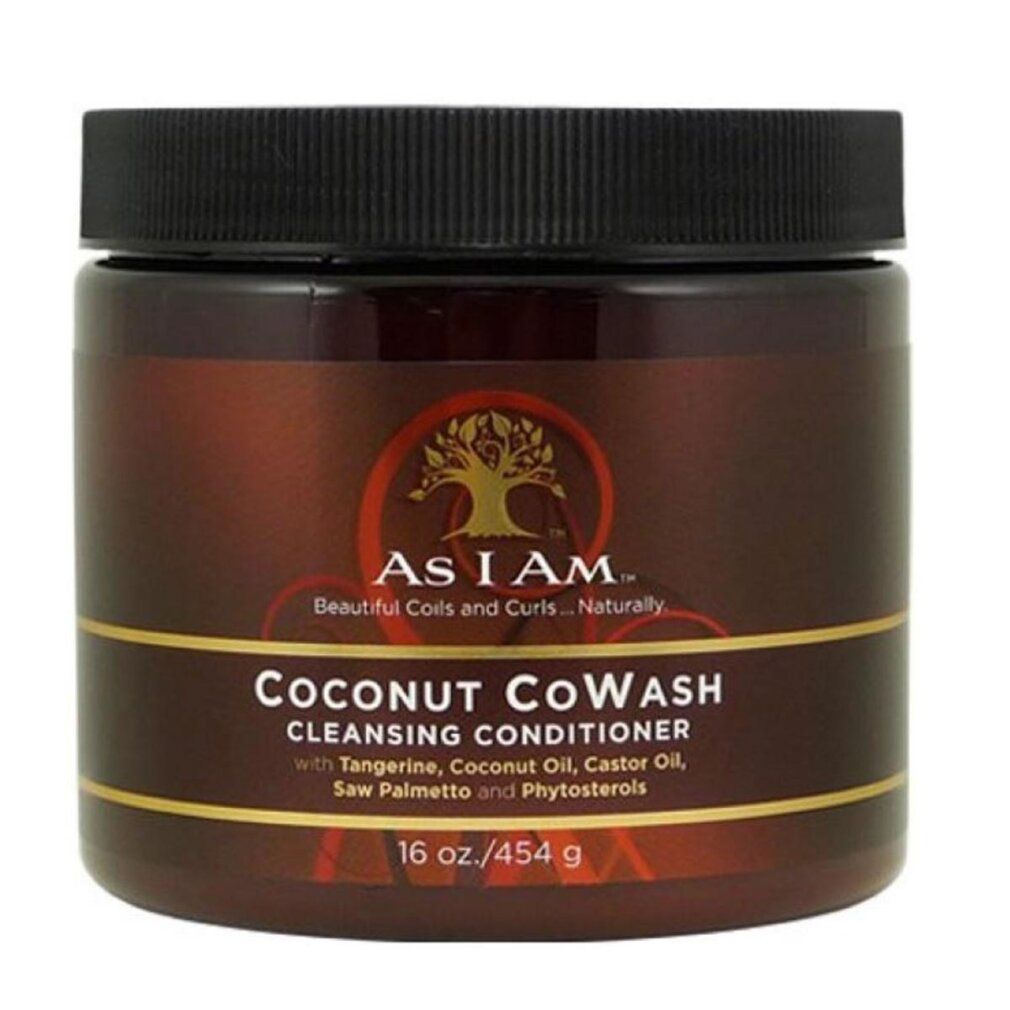 Barattolo marrone con coperchio nero. Scritta: As I Am Coconut CoWash Cleansing Conditioner. 16 oz./454 g.